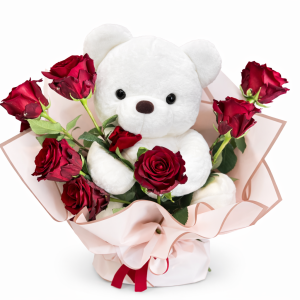 White teddy 35cm with roses